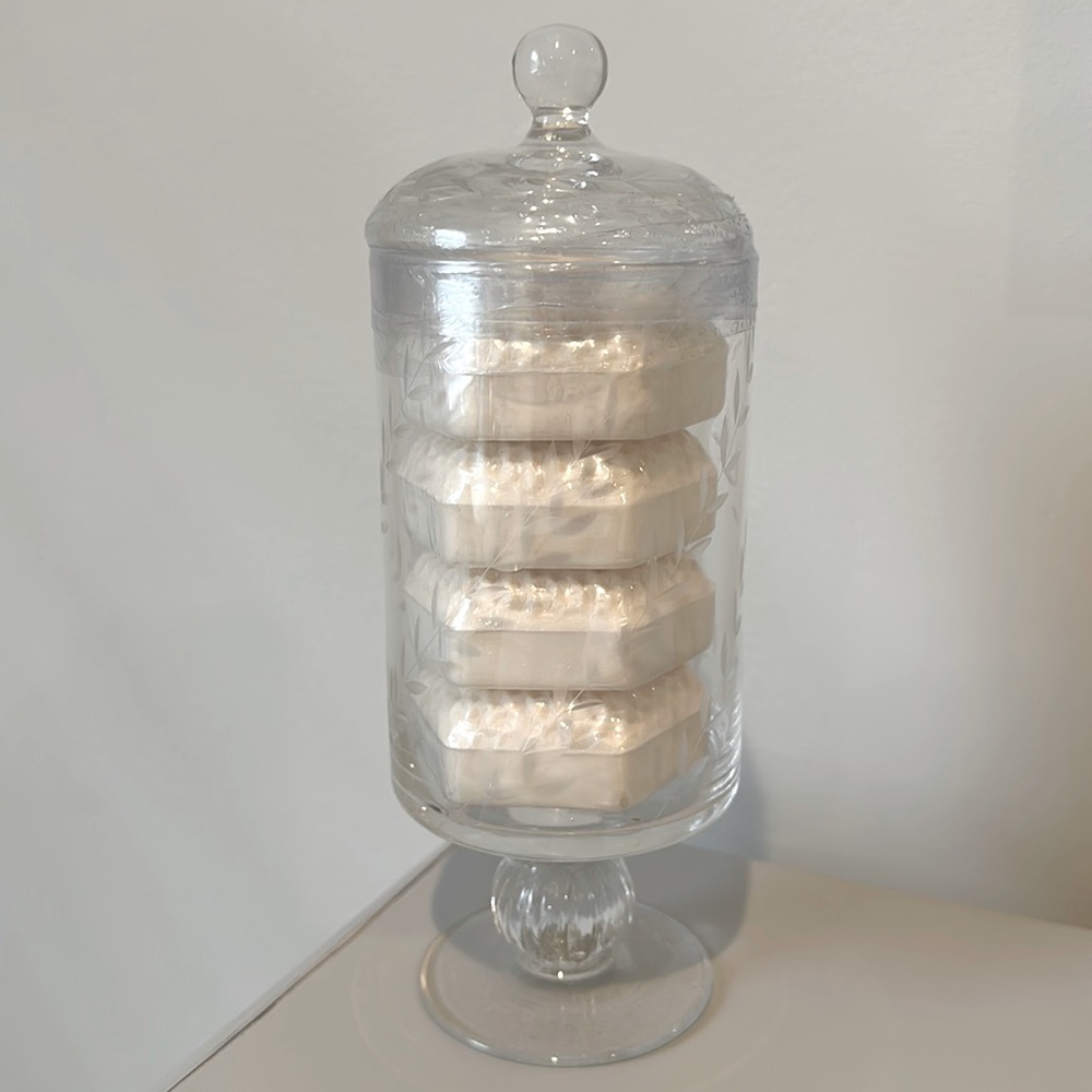 Sealed and never used Lady Primrose soaps in glass floral motif canister.